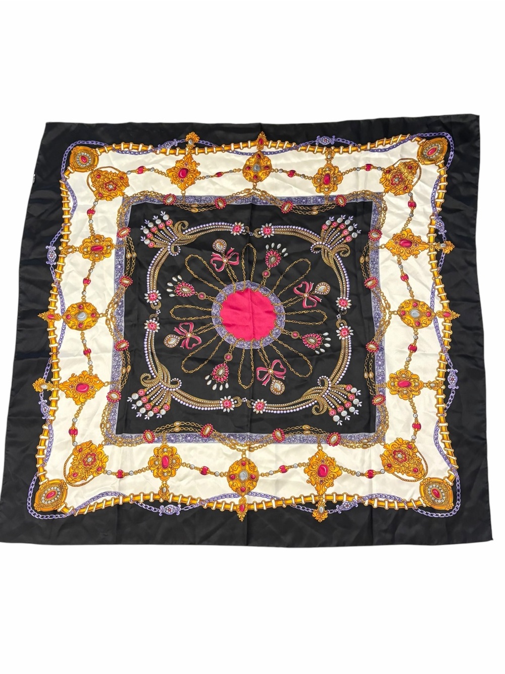 Large Square Scarf 34x35” Baroque Jewelry Gold Chain Print Colorful